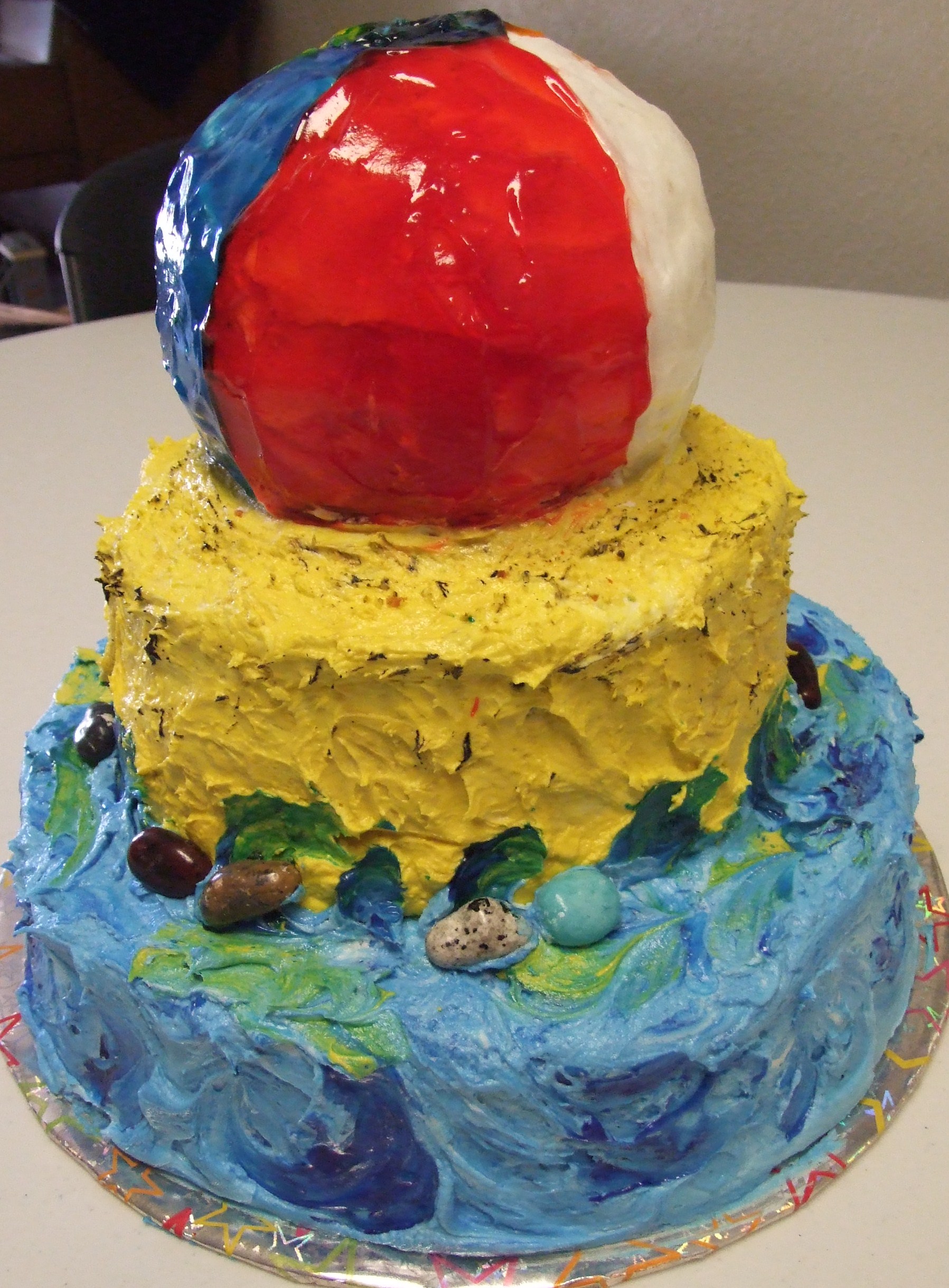 Beach ball cake...Bottom tier is the water... middle tier is the sand.... the ball is cake, too.